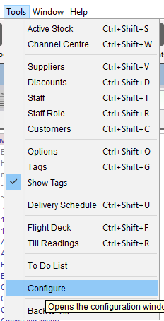tools menu configure option